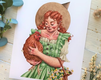 Chicken Witch ~ Cottagecore Witch Art Print, Malarstwo akwarelowe czarownicy, Malarstwo farmy czarownic, Sztuka ścienna Cottagecore, Druk akwarelowy czarownicy