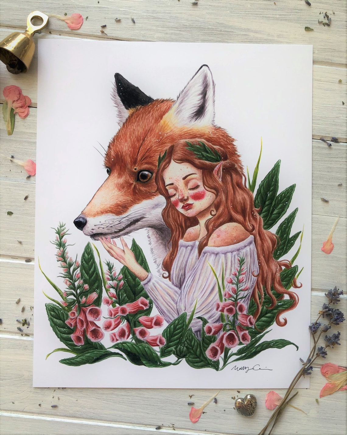 Foxglove Fairy Fairy and Fox Watercolor Painting Foxglove Etsy