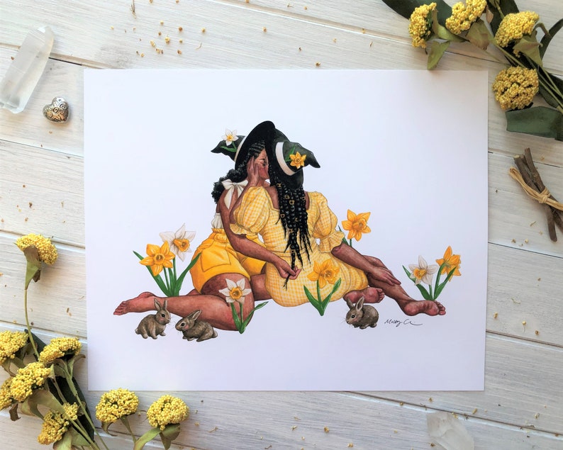 Daffodil Dream LGBTQ Art, Lesbian Art, Lesbian Witch Art Print, Lesbian Witch Watercolor Painting, POC Queer Art, Lesbian Pride Print image 2