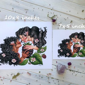 May include: Two women with long black hair are depicted in a watercolor illustration. They are embracing and holding a blackberry. The background features green leaves and pink flowers. The print is available in two sizes: 10x8 inches and 7x5 inches.