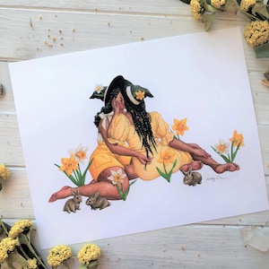 Narzissen Traum ~ LGBTQ Kunst, Lesbische Kunst, Lesbische Hexe Kunstdruck, Lesbische Hexe Aquarell Malerei, POC Queer Art, Lesben Pride Druck