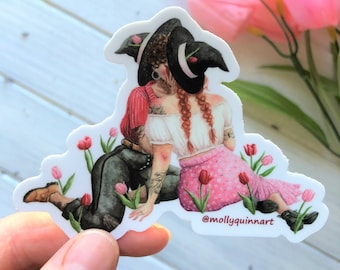 Tulip Lovers Sticker ~ Lesbian Witch Sticker, Lesbian Lovers Sticker, Lesbian Kiss Sticker, Gay Witch Sticker, Cottagecore Lesbians Sticker