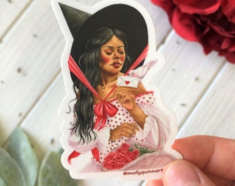 Valentine Witch Sticker ~ Watercolor Witch Sticker, Witch Vinyl Sticker, Witchy Laptop Sticker, Cottagecore Vinyl Sticker, Witchy Sticker