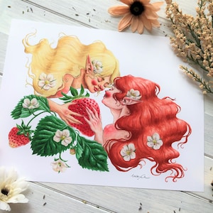 Strawberry Faeries ~ LGBTQ Art, Lesbian Art, Lesbian Faeries, Gay Fairies, Lesbian Fairy Watercolor Painting, Lesbian Pride Print, Fairy Art