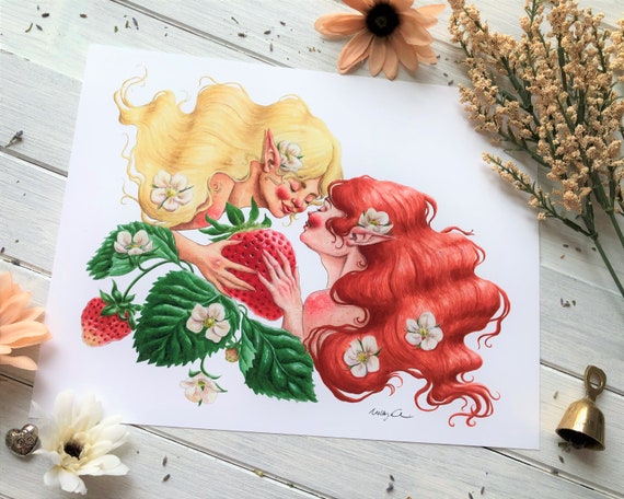 Strawberry Faeries ~ LGBTQ Art, Lesbian Art, Lesbian Faeries, Gay Fairies, Lesbian Fairy Watercolor Painting, Lesbian Pride Print, Fairy Art