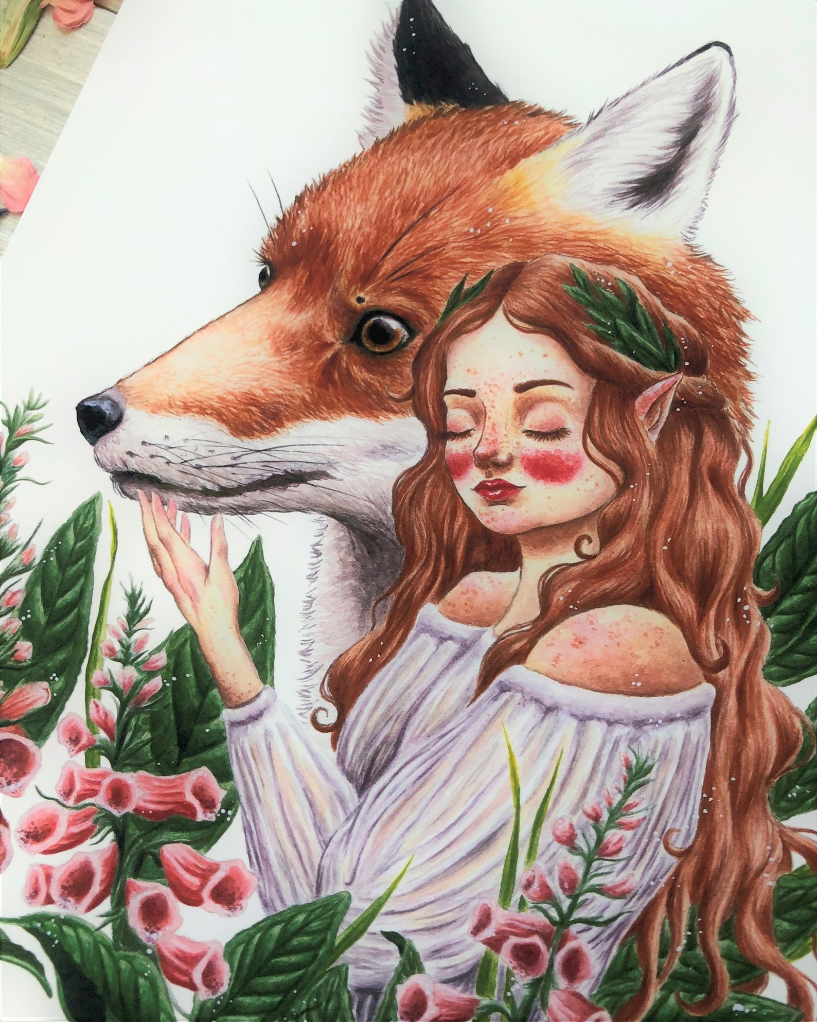 Foxglove Fairy Fairy and Fox Watercolor Painting Foxglove Etsy