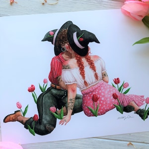 Tulip Lovers ~ LGBTQ-kunst, lesbische kunst, lesbische heks Art Print, lesbische kunst aan de muur, lesbische heks aquarel schilderij, Lesbian Pride Print