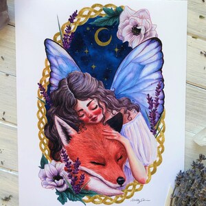 Sweet Dreams Fairy ~ Fairy and Fox Watercolor Art, Fae and Fox Art, Celestial Fairy Art Print, Celtic Fairy Watercolor Art, Faerie Art Print