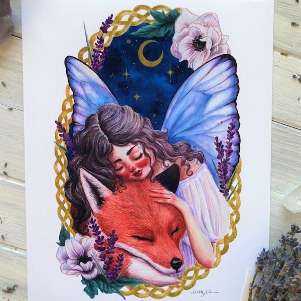 Sweet Dreams Fairy ~ Fairy and Fox Watercolor Art, Fae and Fox Art, Celestial Fairy Art Print, Celtic Fairy Watercolor Art, Faerie Art Print