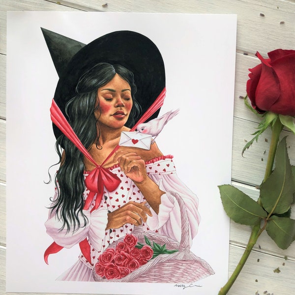 Valentine Witch ~ Cottagecore Witch Print, Love Witch Art Print, Witch Wall Art, Watercolor Witch Painting, Cottagecore Witch Painting