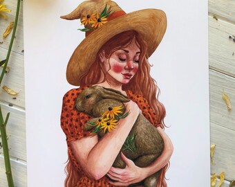 Pode incluir: Uma pintura em aquarela de uma mulher usando um chapéu de palha com um enfeite floral, segurando um coelho marrom em seus braços. Ela está vestindo um vestido de bolinhas vermelhas e brancas e tem cabelos longos e ruivos. O fundo é branco.