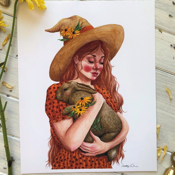 Bunny Witch ~ Cottagecore Witch Watercolor Painting, Witch Watercolor Art Print, Cottage Witch Wall Art, Bunny Witch Watercolor Print