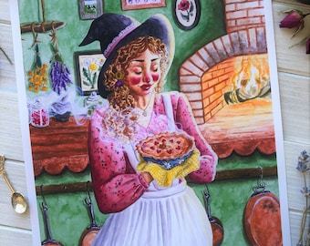 Küchenhexe ~ Hexenkunst, Cottagecore Hexendruck, Küchenhexe Aquarell, Küchenhexe Kunstdruck, Küchenhexe Illustration