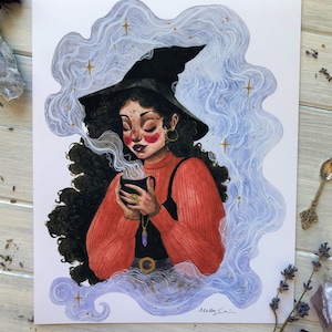 Tea Witch ~ Witchy Watercolor Art, Witch Wall Art, Witch Art Print, Tea Witch Watercolor Painting, Witch Art, POC Witch Art, Coffee Witch