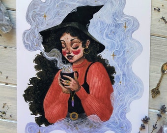 Tea Witch ~ Witchy Watercolor Art, Witch Wall Art, Witch Art Print, Tea Witch Watercolor Painting, Witch Art, POC Witch Art, Coffee Witch