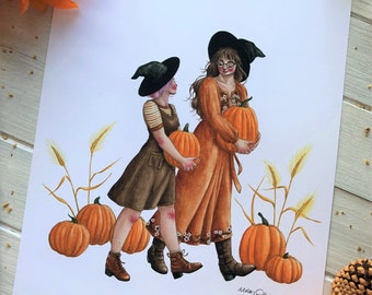 Pode incluir: Duas mulheres usando chapéus de bruxa e segurando abóboras em um campo de trigo. As mulheres estão vestindo vestidos marrons e laranja. As abóboras são laranja e o trigo é amarelo.