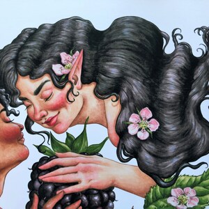 May include: A woman with long black hair and pointed ears leans down to kiss a woman with dark brown skin and curly hair. They are both surrounded by green leaves and pink flowers.
