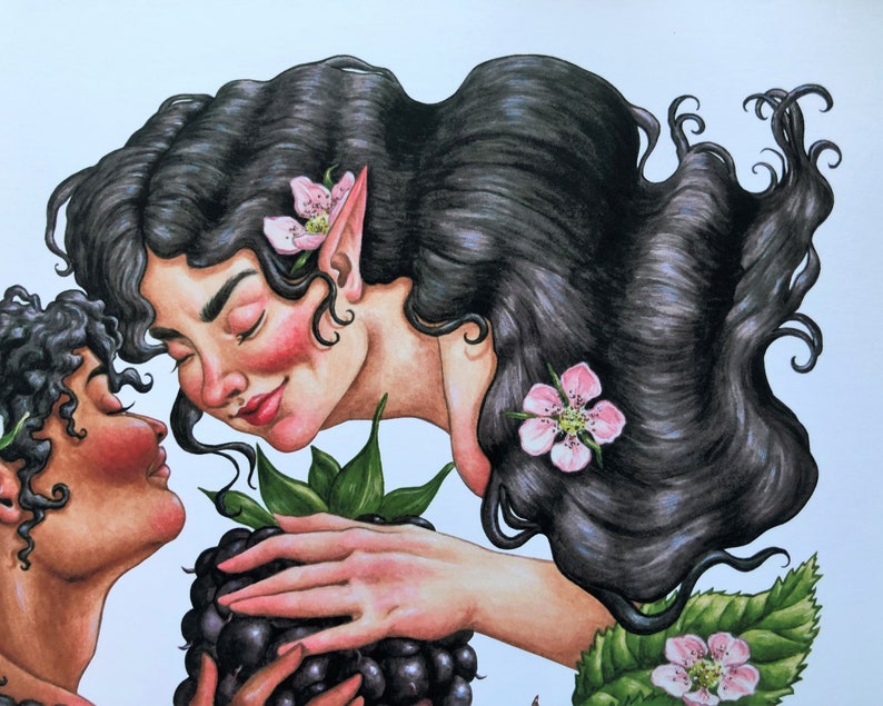 May include: A woman with long black hair and pointed ears leans down to kiss a woman with dark brown skin and curly hair. They are both surrounded by green leaves and pink flowers.