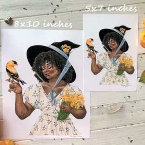 May include: A digital illustration of a woman wearing a blue and white witch hat and dress, holding a bouquet of yellow flowers and a small yellow bird. The text "8x10 inches" is printed in the top left corner of the image.