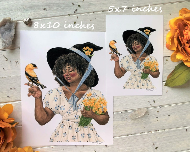 May include: A digital illustration of a woman wearing a blue and white witch hat and dress, holding a bouquet of yellow flowers and a small yellow bird. The text "8x10 inches" is printed in the top left corner of the image.