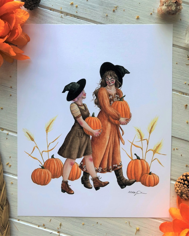 You're My Pumpkin ~ Fall Lesbian Witch Art, LGBTQ Witch Art, Sapphic Love Art, Lesbian Watercolor Art, Cottagecore Lesbian Witches Painting image 2
