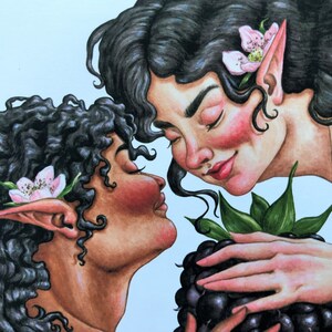 May include: A close-up of two people with pointed ears, one with dark curly hair and the other with long dark hair, looking at each other. The person with curly hair has a pink flower in their hair. The person with long hair is holding a large blackberry.