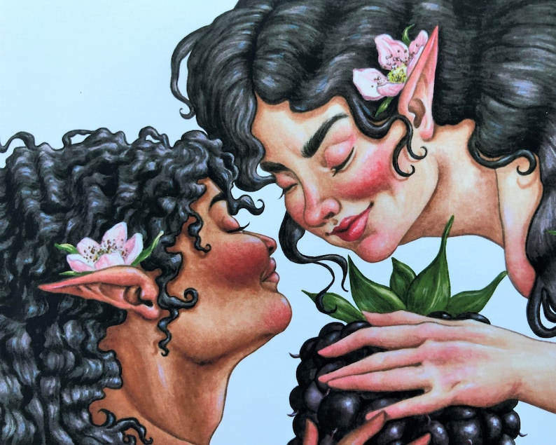 May include: A close-up of two people with pointed ears, one with dark curly hair and the other with long dark hair, looking at each other. The person with curly hair has a pink flower in their hair. The person with long hair is holding a large blackberry.