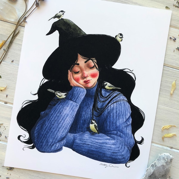 Chickadee Witch ~ Witch Art Print, Witch Painting, Animal Witch Art Print, Witchy Watercolor Art, Bird Witch Art Print, 8x10 Witch Art Print