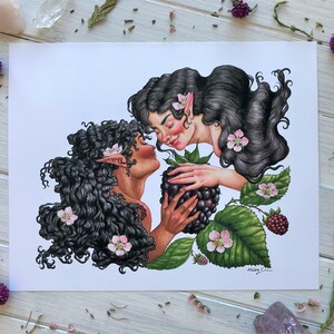 May include: A watercolor illustration of two people with long, dark hair embracing. They are both wearing floral crowns and are surrounded by blackberry vines and flowers. The image is signed "Melanie C."