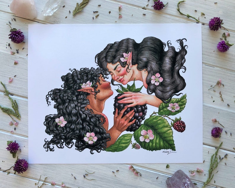May include: A watercolor illustration of two people with long, dark hair embracing. They are both wearing floral crowns and are surrounded by blackberry vines and flowers. The image is signed "Melanie C."