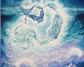 Mermaid Wall Art Print | Celestial Watercolour | Galaxy | Home Decor | Stars | Fantasy | Watercolor | Mountains | Nature | Dreamy | Folklore