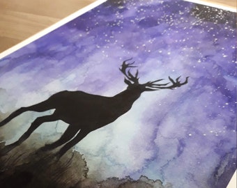Deer Print | Original Deer Artwork | Hand Embellished | Animal Lover Gift | Watercolour Deer | Animal Print | Fantasy Art | Deer Gift