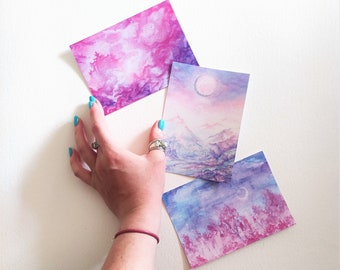 Pastel Dreamland Postcard Set | 3 Dreamscape A6 Postcards, Celestial Mini Prints, Watercolour, Illustrated, Abstract, Fantasy, Wall Art Gift