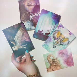Animal Magick Greeting Card Set / Original Elephant Owl Deer Forest Galaxy Art, Nature Lover Small Gift Mini Print, Fantasy Fairytale Cosmic