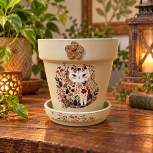 May include: A beige ceramic plant pot with a matching saucer, featuring a decorative flower-shaped button at the top rim and a colorful illustration of a cat surrounded by intricate floral patterns on the front of the pot and the saucer.