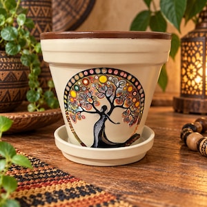 May include: A cream-colored ceramic plant pot with a matching saucer, featuring a dark brown rim. The front displays a detailed circular illustration of a stylized tree with a human figure integrated into the trunk, decorated with colorful dots.