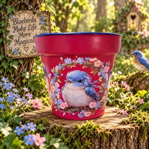 May include: A vibrant magenta flower pot featuring a painted illustration of a blue bird perched within a circular wreath of small blue and pink flowers. The pot has a dark blue rim and a smooth finish, showcasing a detailed avian design.