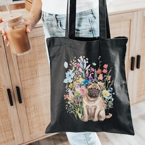 Pug Tote Bag - Cute Dog Lover Gift, Floral Canvas Bag, Pug Mom, Reusable Shopping Bag, Dog Owner Accessory