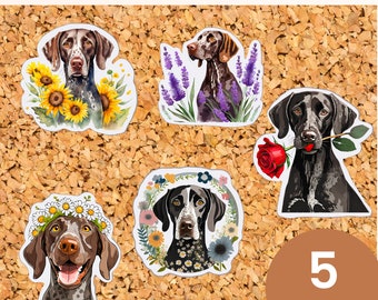 GSP floral sticker pack german shorthaired pointer die cut vinyl stickers Unique GSP floral sticker set Floral-themed GSP laptop decal pack