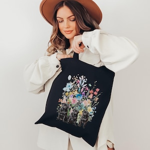 Pug Tote Bag - Cute Dog Lover Gift, Floral Canvas Bag, Black Pug Mom, Reusable Shopping Bag, Pug Owner Accessory