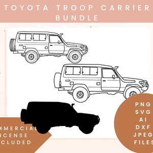 May include: Line art illustration of a Toyota Troop Carrier, a classic off-road vehicle. The image includes two views of the vehicle, one with a silhouette. The text "Toyota Troop Carrier Bundle" is at the top of the image, and the text "Commercial License Included" is at the bottom.