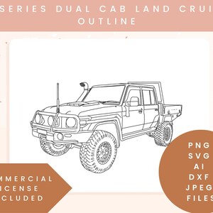 May include: Line art drawing of a 79 Series Dual Cab Land Cruiser. The drawing is in black and white and shows the vehicle from the front, side, and rear. The vehicle has a large, open bed in the back. The drawing is labelled "79 Series Dual Cab Land Cruiser Outline".