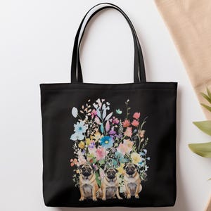 Pug Tote Bag - Tan Pug Lover Gift, Floral Canvas Bag, Pug Mom, Reusable Shopping Bag, Cute Dog Owner Accessory