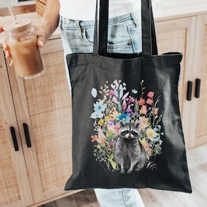 Raccoon Tote Bag - Cute Animal Lover Gift, Floral Canvas Bag, Wildlife Art, Reusable Shopping Bag, Nature Lover Accessory