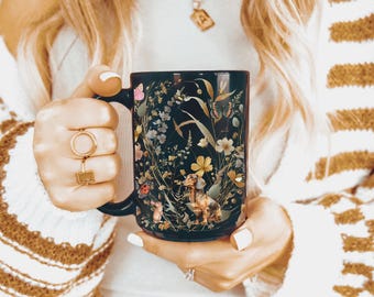 Doxie mug dachshund gifts for wiener mom sausage dog mug Cottagecore Black Mug dark cottagecore gift pressed flowers mug forestcore mug gift