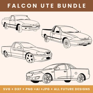 Puede incluir: Dibujos de línea de cuatro Ford Falcon Utes. Los vehículos están todos mirando hacia adelante y están dibujados en un estilo simple y minimalista. El texto "FALCON UTE BUNDLE" está en la parte superior de la imagen. El texto "SVG + DXF + PNG + AI + JPG + ALL FUTURE DESIGNS" está en la parte inferior de la imagen.