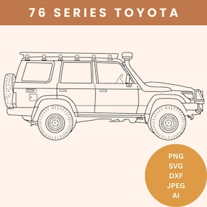 May include: Line drawing of a 76 Series Toyota Land Cruiser, a four-door SUV with a roof rack, side steps, and a spare tyre on the back.