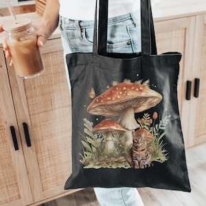 Bengal Cat Bag Mushroom Tote Bag Black Canvas Cat Tote Cottagecore Cat Lover Tote Bengal Cat Gift Cute Mushroom Cat Tote Aesthetic