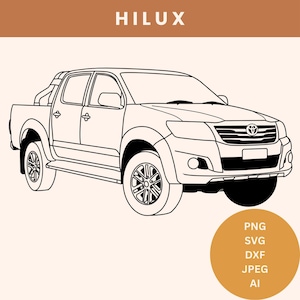 May include: A black and white line drawing of a Toyota Hilux pickup truck. The truck is facing the viewer and has a large front grille with the Toyota logo.