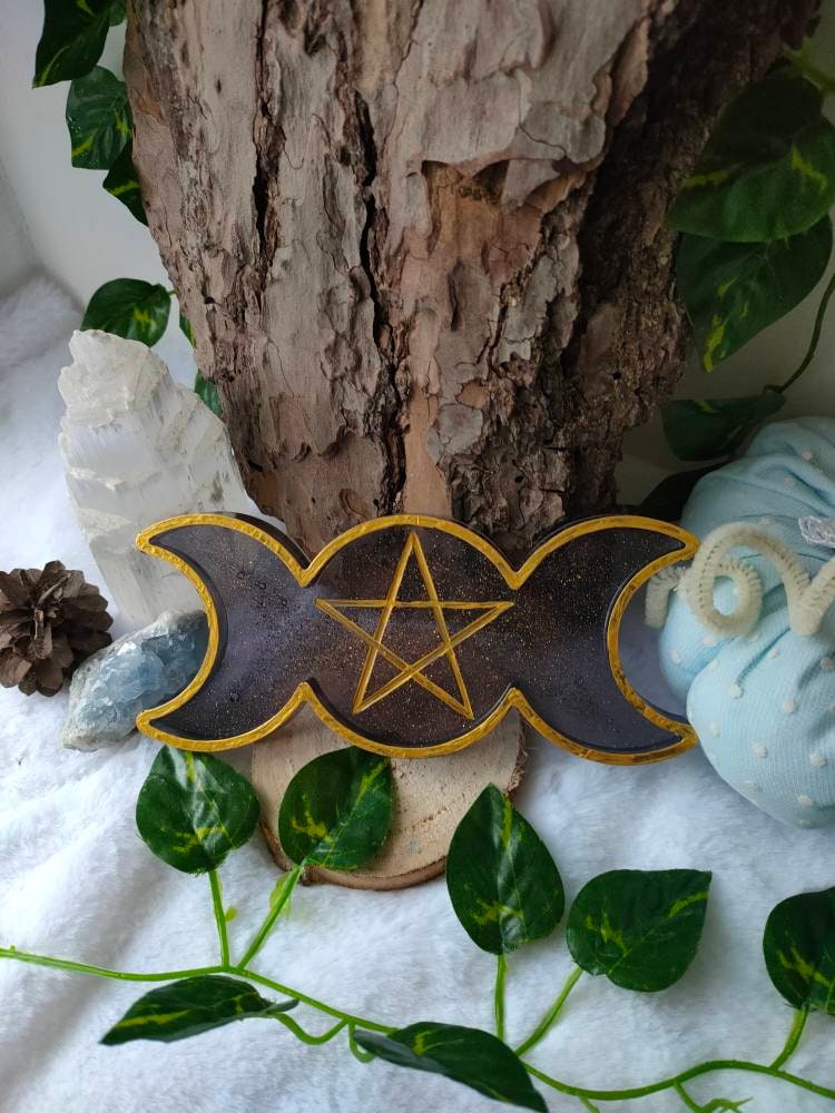 Plateau en Résine Triple Lune et Pentagramme Noir Doré
